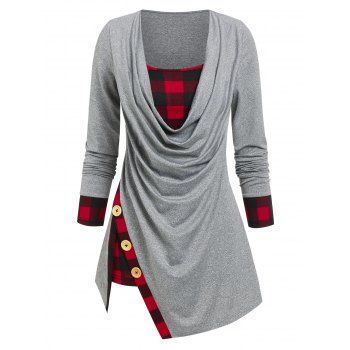 

Plaid Print Draped Marled Faux Twinset T-shirt, Gray