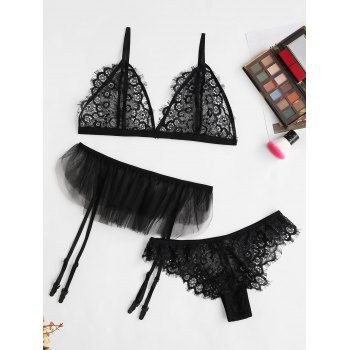 

Lace Mesh Ruffle Sheer Lingerie Set, Black
