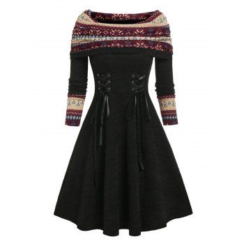 Fair Isle Print Lace-up Ribbed Sweater Dress