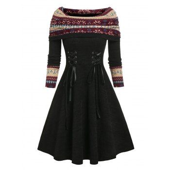 

Fair Isle Print Lace-up Ribbed Sweater Dress, Deep red