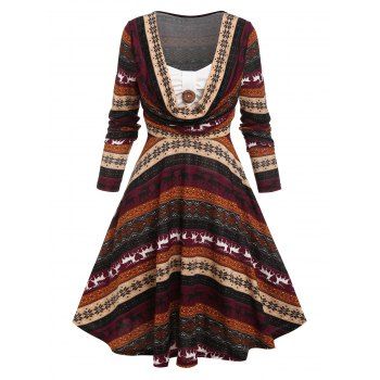 

Fair Isle Print Faux Twinset Dress, Deep red