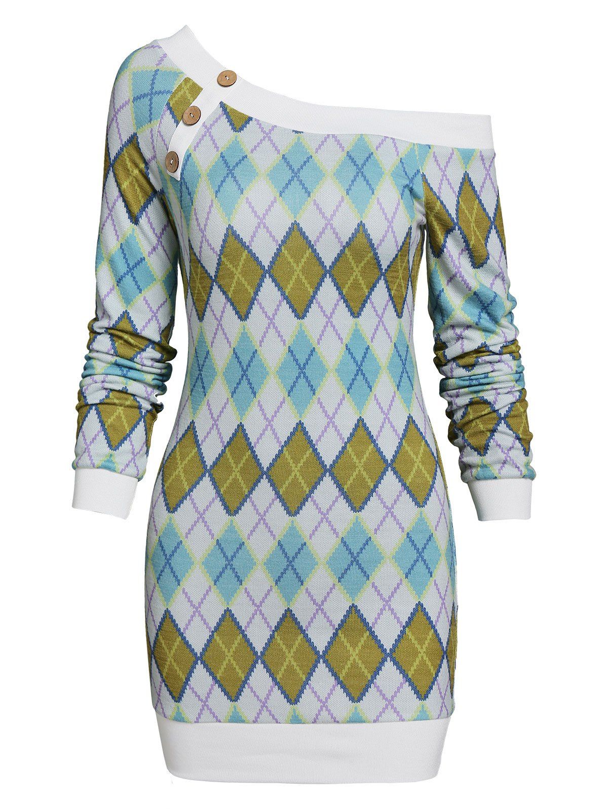 Tribal Argyle Geometric Pattern Skew Collar Sweater Bodycon Dress - multicolor XL