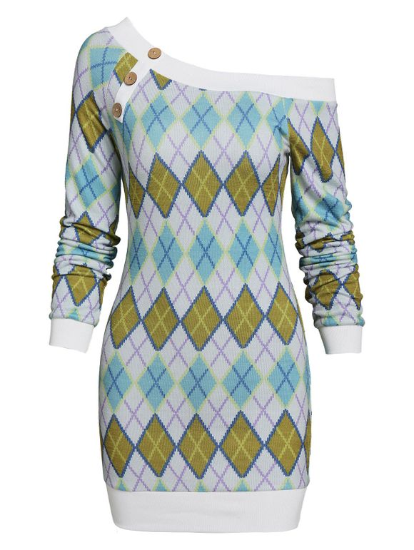 Robe Pull Moulante Losange à Col Oblique à Motif Géométrique - multicolor XXXL