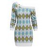 Tribal Argyle Geometric Pattern Skew Collar Sweater Bodycon Dress - multicolor XXL