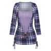 Vintage Striped Print O-ring Long Sleeves Cinched Faux Twinset T-shirt - LIGHT PURPLE L