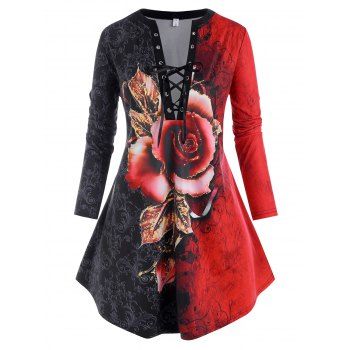 

Plus Size Damask Flower Print Lace Up Tunic Tee, Red