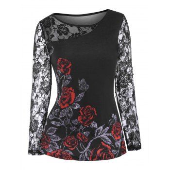 

Lace Insert Flower Print T Shirt, Black