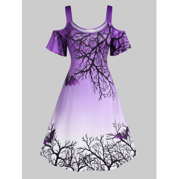 

Plus Size Cold Shoulder Bat Tree Print Halloween Dress, Purple