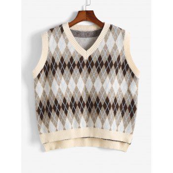 

Plus Size Argyle High Low Slit Vest Sweater, Light coffee