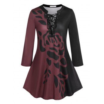

Plus Size Lace Up Colorblock Flower Print Tee, Deep red