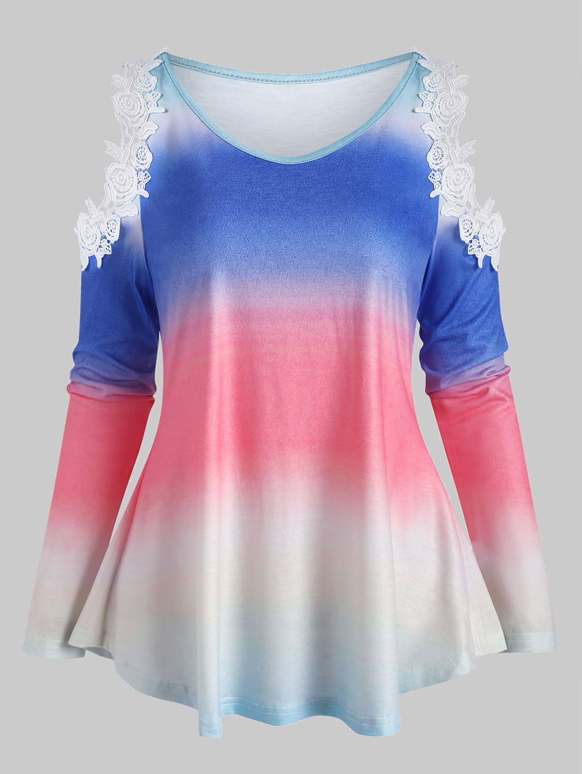 Guipure Insert Ombre Cold Shoulder T Shirt - multicolor L