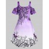 Plus Size Cold Shoulder Bat Tree Print Halloween Dress - PURPLE 3X
