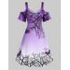 Plus Size Cold Shoulder Bat Tree Print Halloween Dress - PURPLE 3X