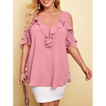 

Plus Size Cold Shoulder Ruffled Chiffon Blouse, Light pink