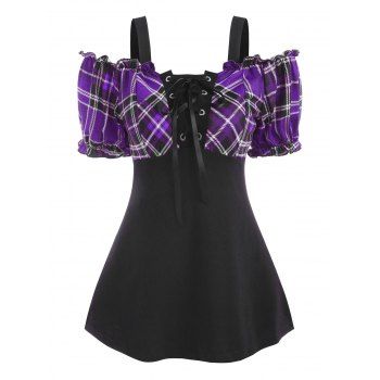 

Plaid Lace Up Cold Shoulder Ruffle T Shirt, Purple