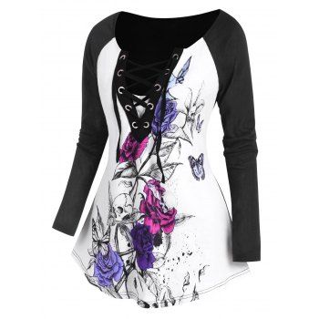 

Flower Skull Print Raglan Sleeve Lace Up T Shirt, Black