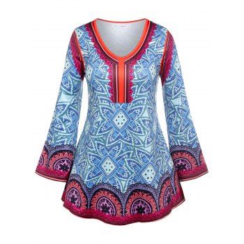 

Plus Size Tribal Flower Print Long Sleeve Tee, Blue