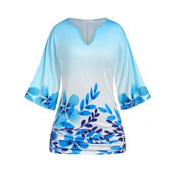 

Plus Size Floral Print Batwing Sleeve T-shirt, Light blue