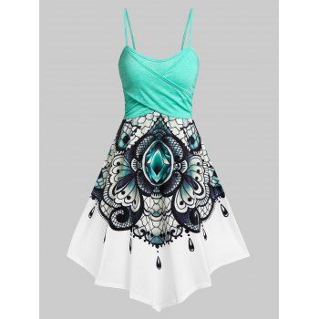 

Vintage Floral Gem Print Spaghetti Strap Crossover Knee Length Dress, Light green