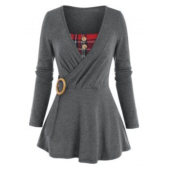 

Plaid Insert Mock Button O Ring Surplice T Shirt, Dark gray