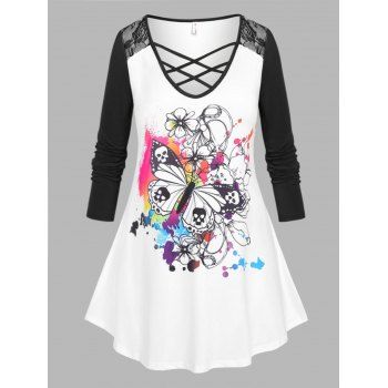 

Plus Size Splatter Paint Butterfly Lace Insert Tunic Tee, Black