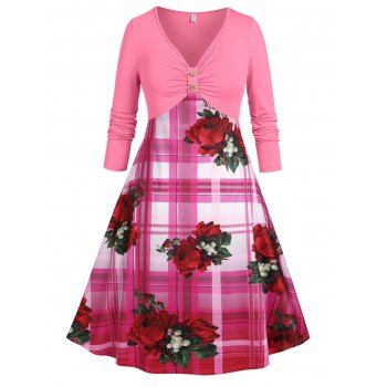 

Plus Size Floral Print Plaid Empire Waist Dress, Light pink
