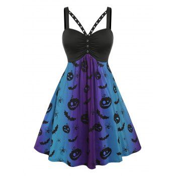 Plus Size Grommet Pumpkin Bat Print Dress