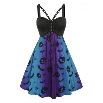 

Plus Size Grommet Pumpkin Bat Print Dress, Black