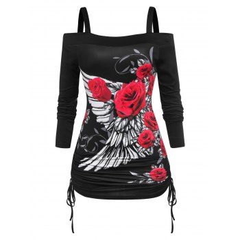 

Plus Size Cold Shoulder Cinched Rose Wings Print T-shirt, Black