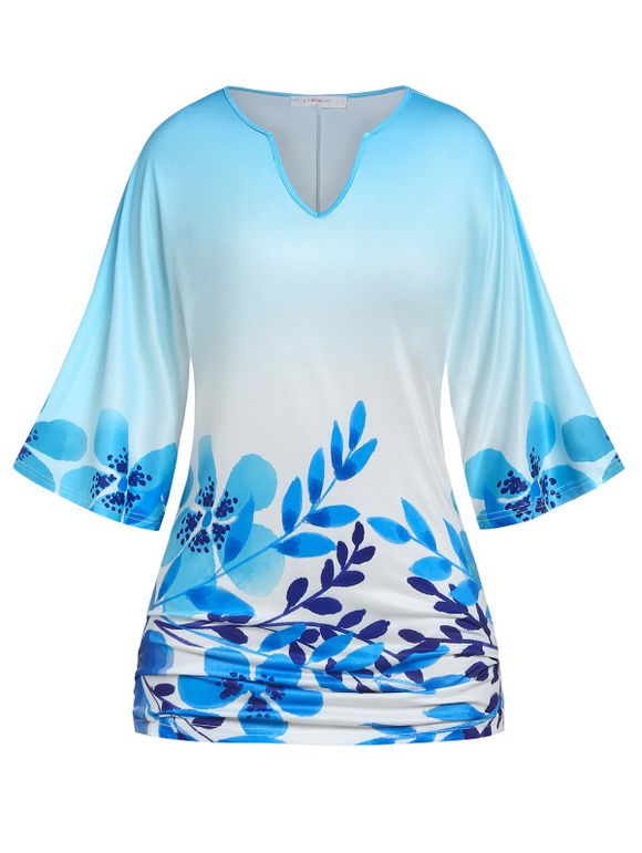 T-shirt Floral Imprimé de Grande Taille à Manches Chauve-Souris - Bleu clair 4X