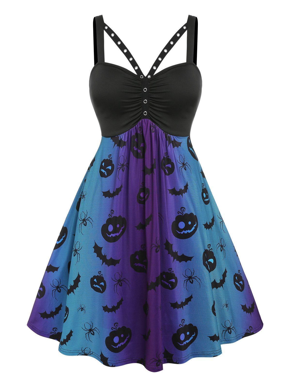 Plus Size Grommet Pumpkin Bat Print Dress - BLACK 1X