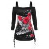 T-shirt à Imprimé Aile de Rose à Epaule Dénudée de Grande Taille à Lacets - Noir 2X