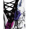 Flower Skull Print Raglan Sleeve Lace Up T Shirt - BLACK M