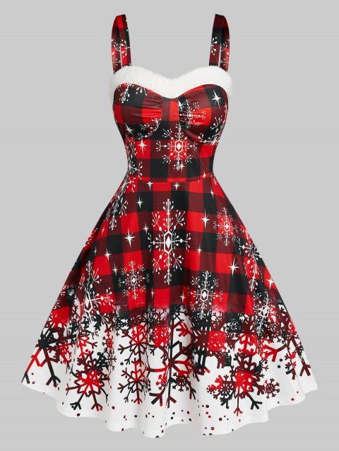 Christmas Party Dress Plaid Snowflake Print Sleeveless Dress