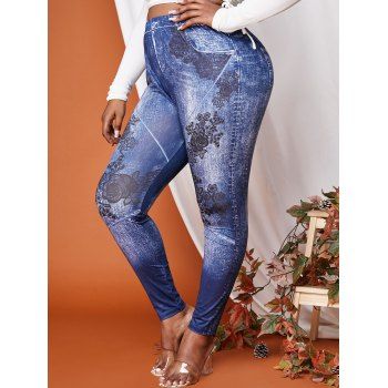 

Plus Size Flowers 3D Print Skinny Jeggings, Deep blue