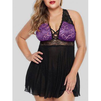 

Plus Size Mesh Lace Insert Criss Cross Lingerie Babydoll, Purple