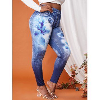 

Plus Size Flowers Butterflies 3D Print High Waisted Jeggings, Deep blue