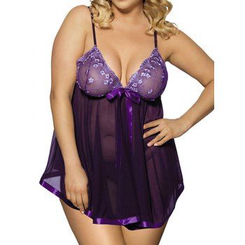 

Plus Size Flower Embroidered Mesh Bowknot Lingerie Babydoll, Concord