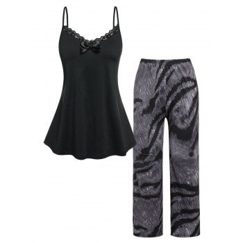 

Plus Size Lace Insert Tie Dye Pajama Pants Set, Black