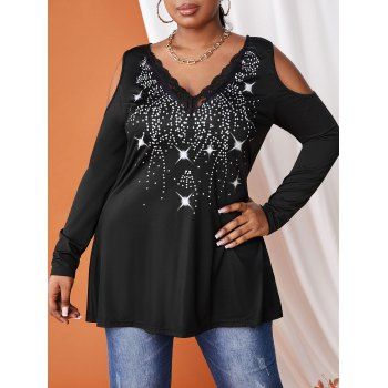 

Plus Size Open Shoulder Lace Insert Polka Dot T Shirt, Black