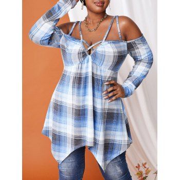 

Plus Size Cold Shoulder Crisscross Plaid Handkerchief Tee, Light blue