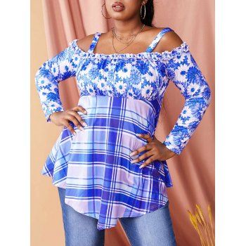 

Plus Size Cold Shoulder Flower Plaid Print T-shirt, Light blue