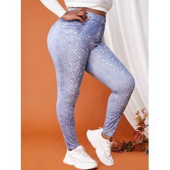 

Plus Size Rhinestones 3D Print High Waisted Skinny Jeggings, Light blue