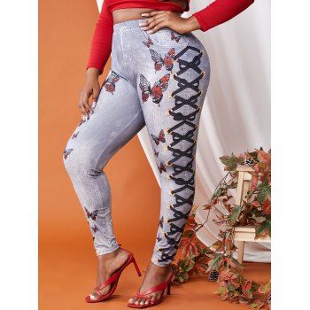 

Plus Size 3D Butterfly Lace-up Print Jeggings, Dark gray