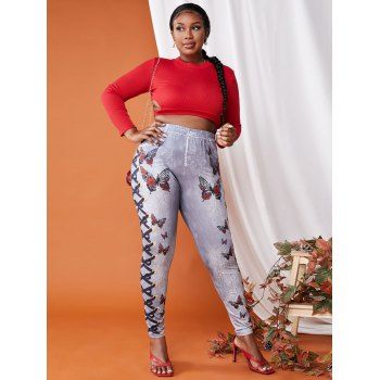 Plus Size 3D Butterfly Lace-up Print Jeggings
