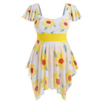 

Plus Size Flutter Sleeve Flower Print Mesh Handkerchief Two Piece Swimwear, Yellow