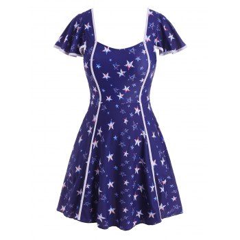 

Plus Size Flutter Sleeve Star Print Skirted Two Piece Swimwear, Deep blue