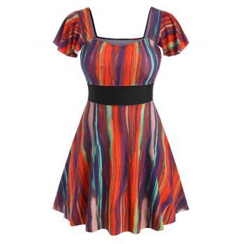 

Plus Size Flutter Sleeve Colorful Striped Skirted Two Piece Swimwear, Multicolor