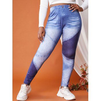 

Plus Size Color Block 3D Print High Waisted Skinny Jeggings, Blue