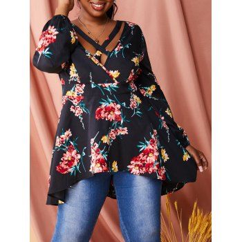 

Plus Size Floral Print Plunge Neck High Low Top, Black